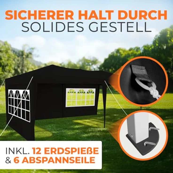 Kronenburg Faltpavillon wasserdicht Pavillon mit 3 Seitenteilen, Gartenzelt, 3x6 m - mit UV Schutz 50+, Schwarz – Bild 6