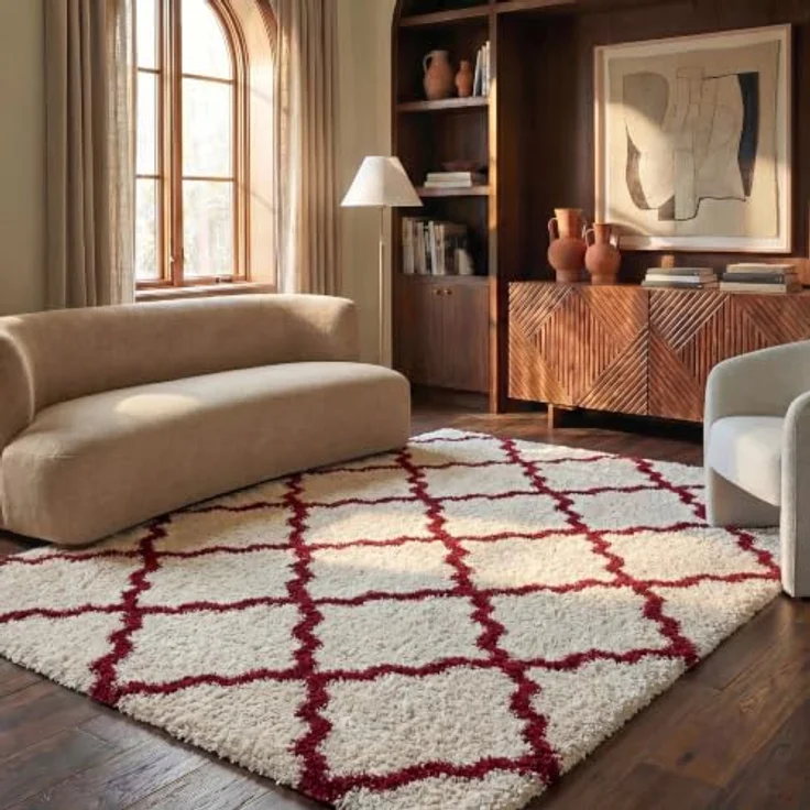 SAFAVIEH Zottelig Teppich für Wohnzimmer, Esszimmer, Schlafzimmer - Dallas Shag Collection, Hoher Flor, Elfenbein und Rot, 183 X 274 cm – Bild 1