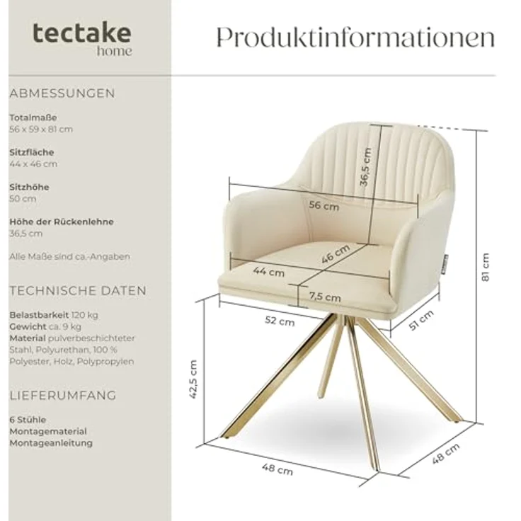 tectake Esszimmerstuhl Samt-Drehstuhl (6er Set, 6 St), gepolstert – Bild 4