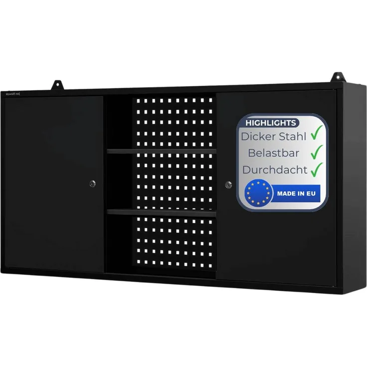 Hängeschrank Werkstatt abschließbar OLIS - Metallschrank hängend | Werkstattschrank Werkzeugschrank Wandschrank Garage, 60x120x20cm Schwarz