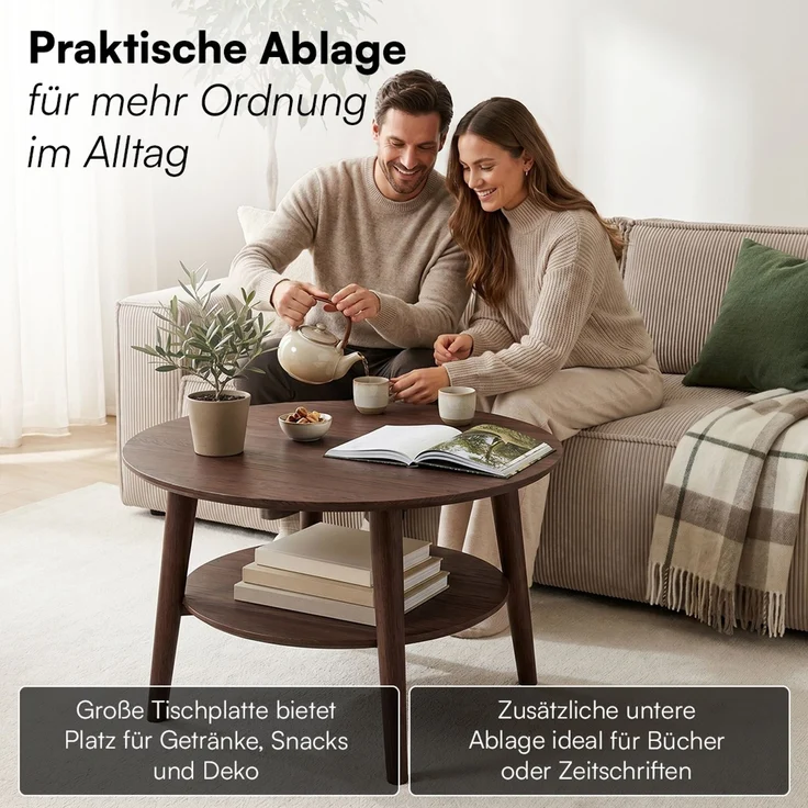 skølm 'Mjölnir' Couchtisch rund, Massivholz Eiche, nussbraun lackiert, Wohnzimmertisch Ø70 cm, Beistelltisch für Wohnzimmer mit Ablage – Bild 3
