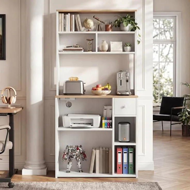 YITAHOME küchenregal mit Steckdose, 2 AC-Steckdosen, 2 USB-Anschlüssen, kaffeebar arbeitsplatte, Regal küche mit schubladen,schmales Regal 75 cm breit, Mikrowellenregal, 75 x 40 x 170 cm, Eiche und Weiß – Bild 10