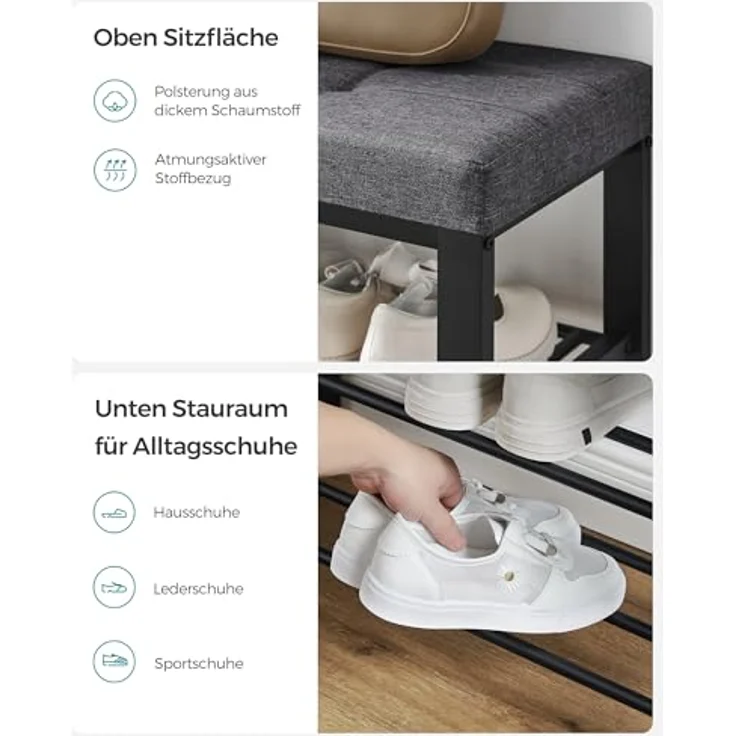 SONGMICS Schuhbank, Schuhregal mit 3 Ebenen, Schuhaufbewahrung, Sitz mit Schaumstoffpolsterung, Leinen, Metallrahmen, für Wohnzimmer Eingangsbereich, 31 x 81 x 49 cm, dunkelgrau-schwarz LBS057B01 – Bild 6