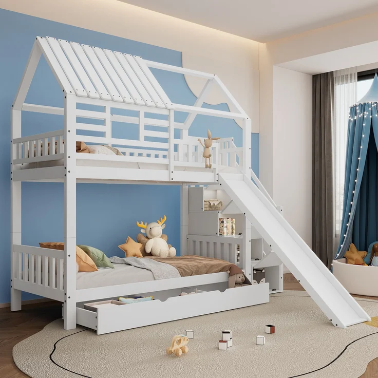 Etagenbett Hausbett 90x200 mit Treppe Stauraum Rutsche Schubladen Kinderbett Hochbett Spielbett Kiefernholz Weiß – Bild 1