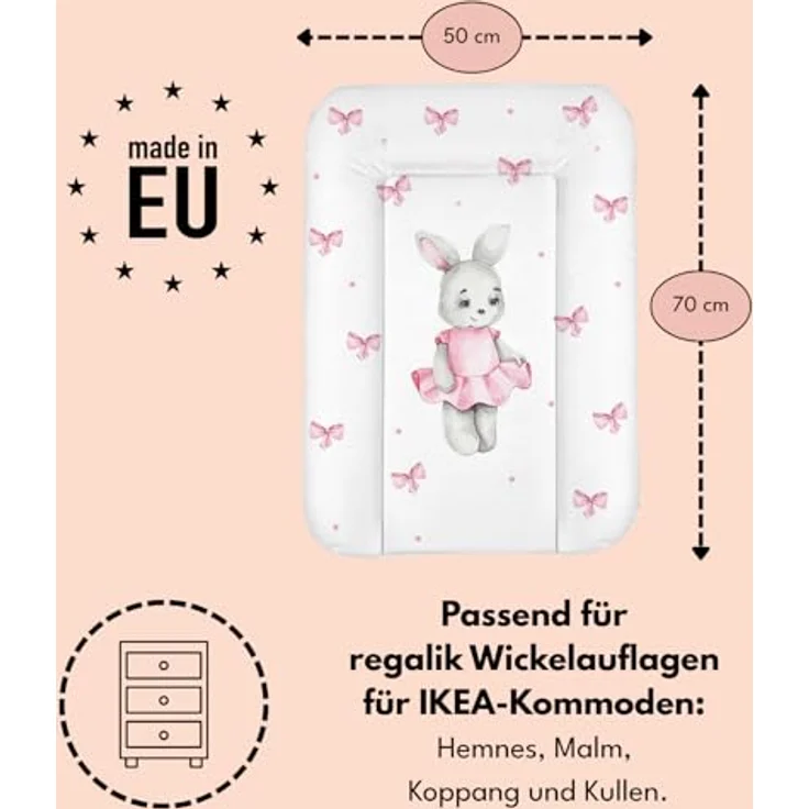 Wickelauflage 50x70 cm, Weiß mit Mädchen-Häschen – abwaschbar & wasserdicht, weich für Neugeborene – Wickeltischauflage für Wickelkommode – Baby Wickelunterlage, schnell abwischbar – Bild 5