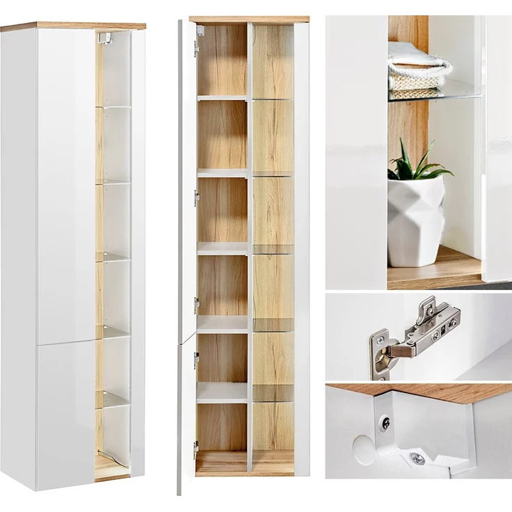 Badezimmermöbel Set mit Keramik-Waschtisch CAMPOS-56, Hochglanz weiß mit Wotaneiche, 2 Hochschränke B/H/T: ca. 204/200/50 cm – Bild 10
