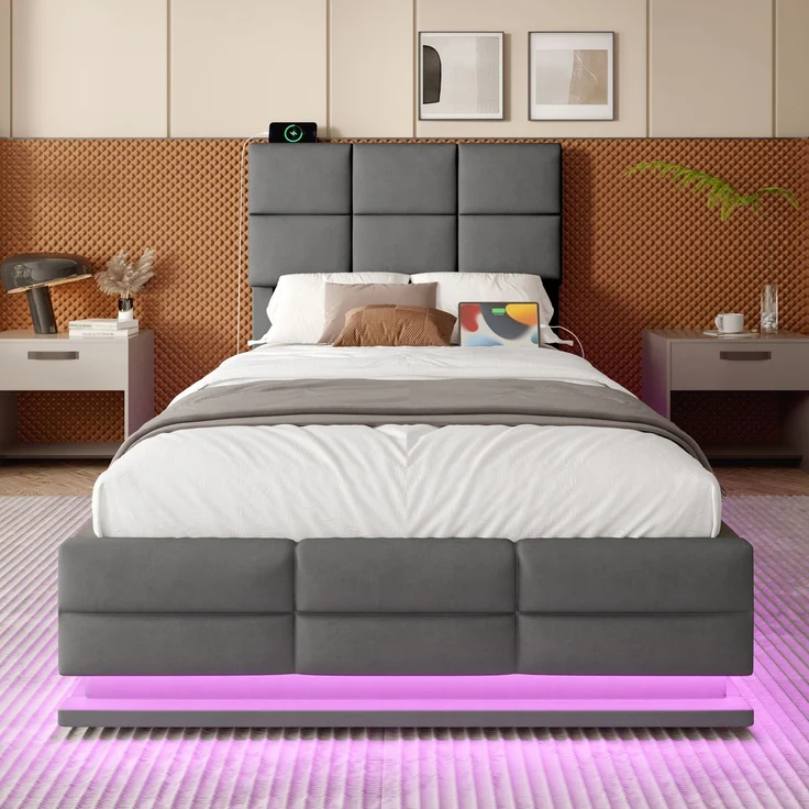 TavilaEcon Boxspringbett Modernes Polsterbett mit höhenverstellbarem Kopfteil & LED-Beleuchtung grau Liegefläche 90 × 200 cm – Bild 5