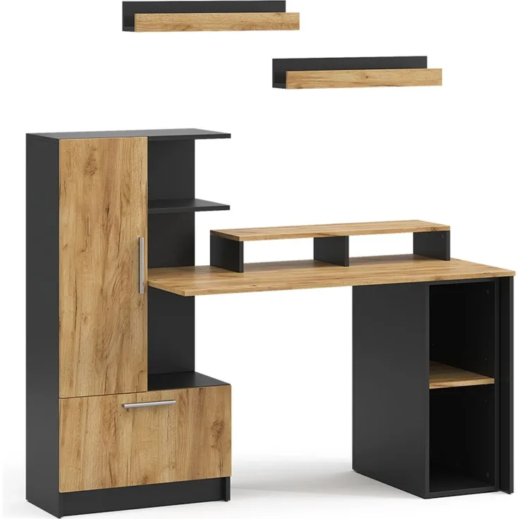 Schreibtisch Tomy Anthrazit/Goldkraft Eiche 150x59 cm 5er Set Vicco