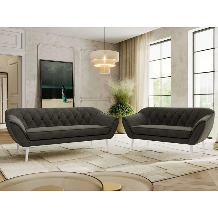Skandinavisches Sofa Set PIRS 3-2, Komplettset, Wellenfederung, weiße Füße, Sitzgruppe, Polstermöbel Set - Dunkelgrau Velvet – Bild 4