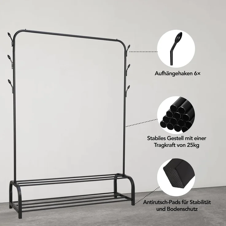 Brixy Garderobenständer - Garderobenständer - 102x34x152cm - Garderobenständer Mit Schuhregal - Industriell - Metall - Schwarz – Bild 6