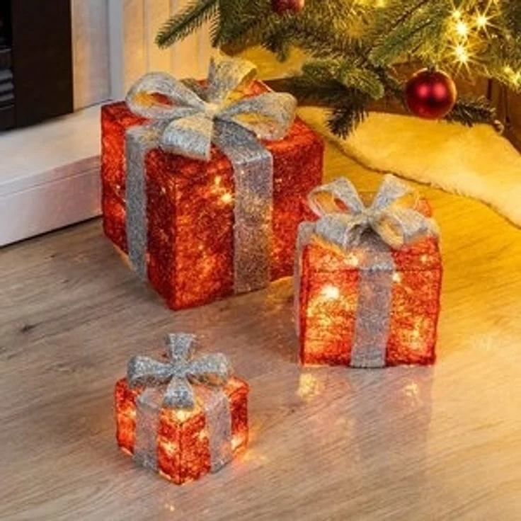 Spetebo LED Dekoobjekt LED Geschenkboxen mit Timer 3er Set - rot / grau, Timerfunktion, LED fest verbaut, warm weiß, Weihnachts Deko Boxen warm weiß beleuchtet – Bild 4