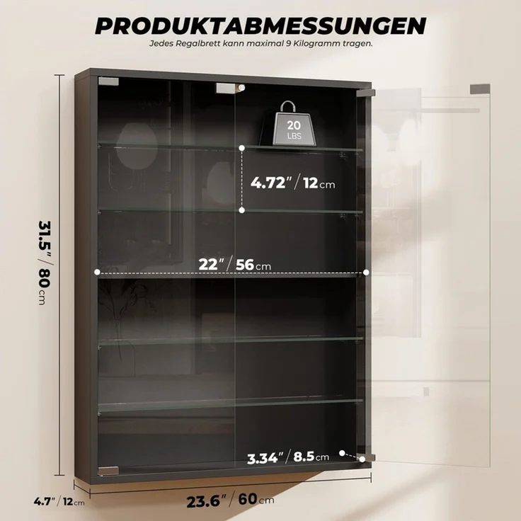 Hängevitrine 60x12x80 cm, Wandvitrine mit 6 verstellbaren Glasböden, LED-Beleuchtung und Sensor, Schwarz – Bild 4
