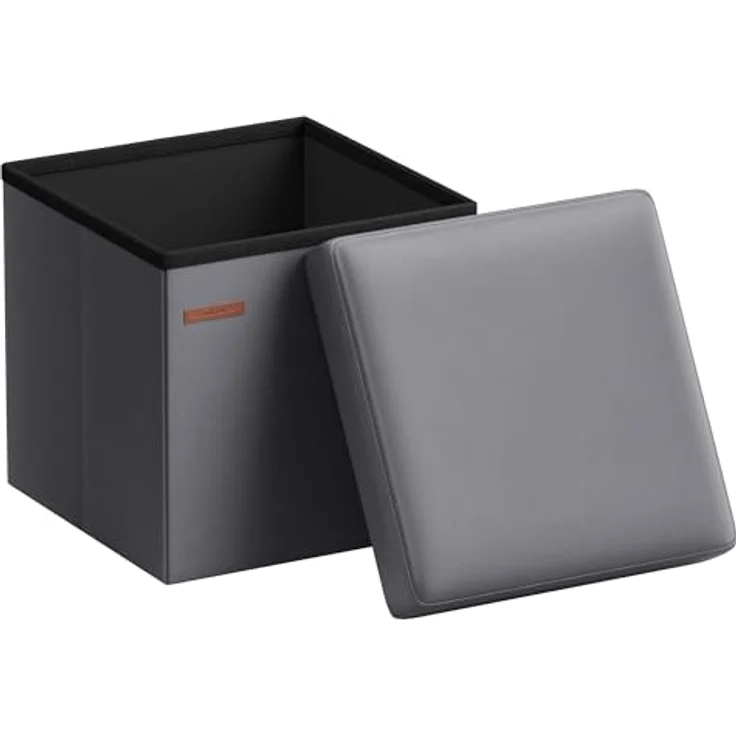 SONGMICS Sitzhocker 38 cm, Aufbewahrungsbox faltbar, Fußhocker mit Deckel, aus Kunstleder, bis 300 kg belastbar, für Eingang, Wohnzimmer, Schlafzimmer, schiefergrau LSF010G01 – Bild 2