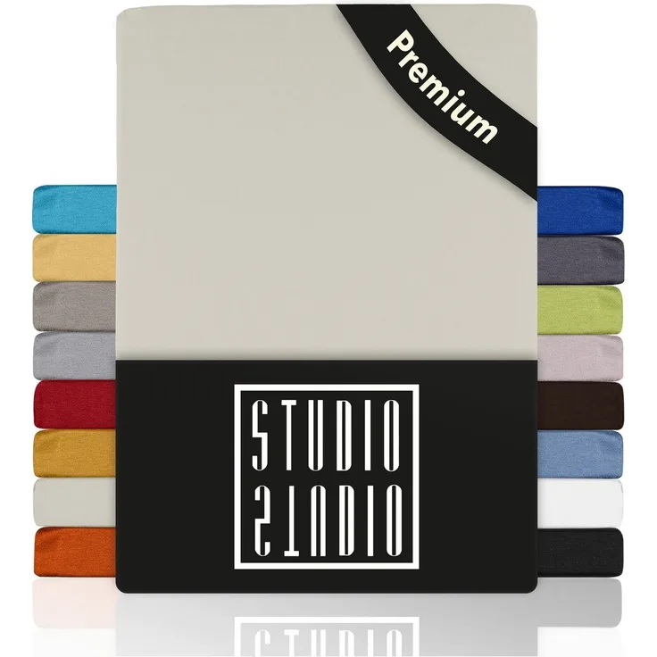 STUDIO Spannbettlaken Premium, 170 g/m², viele Größen, Jersey, Gummizug: rundum, (1 Stück), 90x200 - 100x220cm Bettlaken Spannbetttuch bis 35cm Höhe Schnee