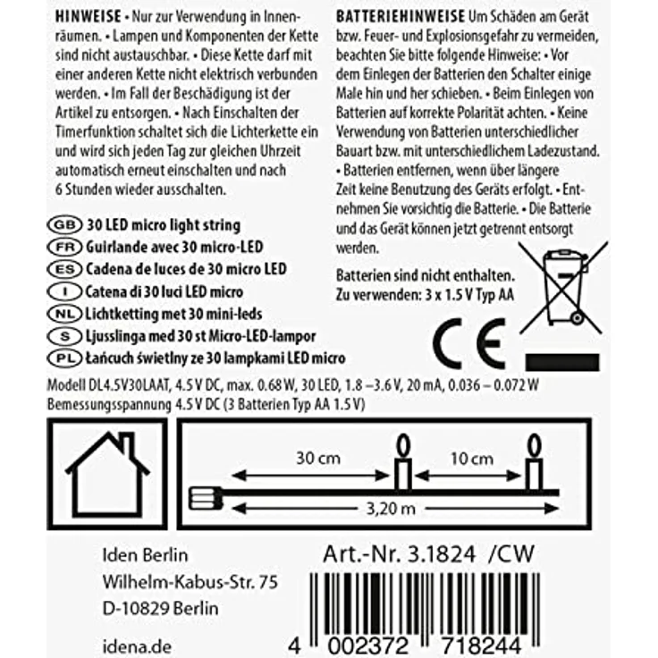 Idena 31824-2 - LED Micro Lichterkette mit 30 LEDs in Warmweiß, 2 Stück, 6 Stunden Timer Funktion, batteriebetrieben, je 3,2 m lang, Deko für Innen, zum Basteln, als Party Deko, Weihnachtsdeko – Bild 2
