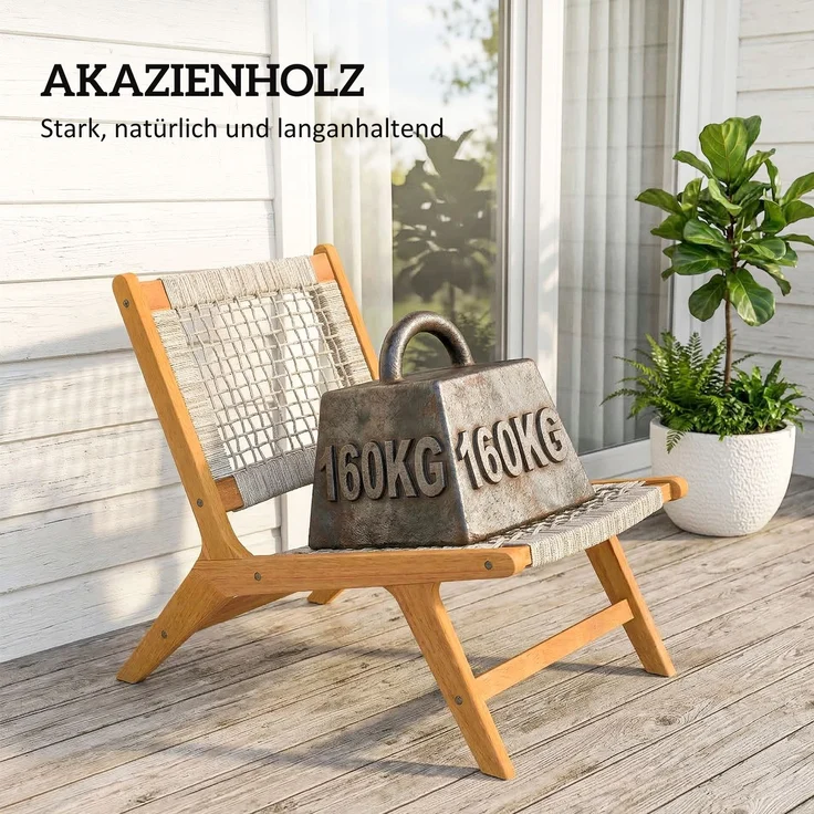 Outsunny Loungesessel Set, Akazienholz, PP-Rattan, Beige, 60L x 83B x 73,5H cm – Bild 6