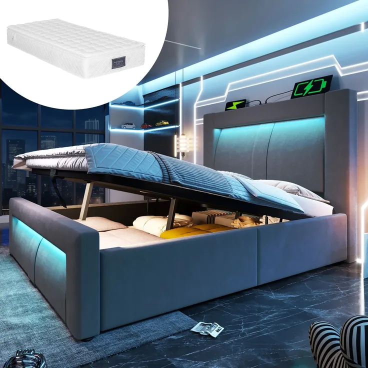 EINHOM Einzelbett 90 x 200 cm mit Stauraum, Hydraulisches Bett, LED-Beleuchtung mit APP-Steuerung, USB- & Type-C-Ladeanschlüsse, Samt, Kopfteil mit Gebogenem Design, Grau (Ohne Matratze)