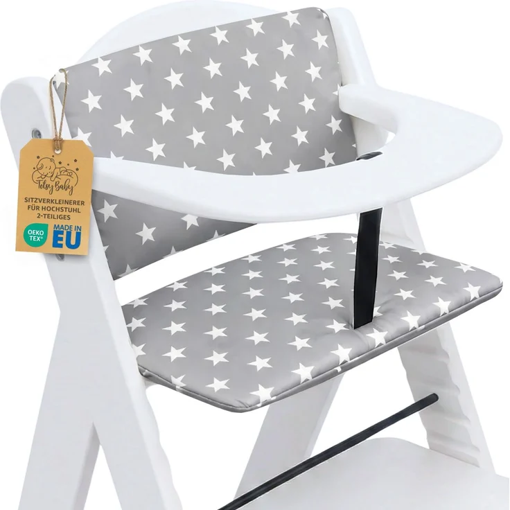 Sitzverkleinerer für Hochstuhl Baby Sitzkissen Stuhl 2-teilig - Kinder Sitzauflage für Hauck und Stokke Kinderhochstuhl High Chair Cover für Treppenhochstuhl und Babystuhl Oeko-Tex Sterne und Grau