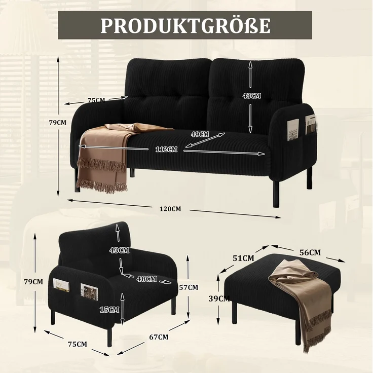 Sofa-Set 120x75x79 cm aus Cord mit Sessel und Hocker – 3-teilig, flexibel kombinierbar – Bild 5