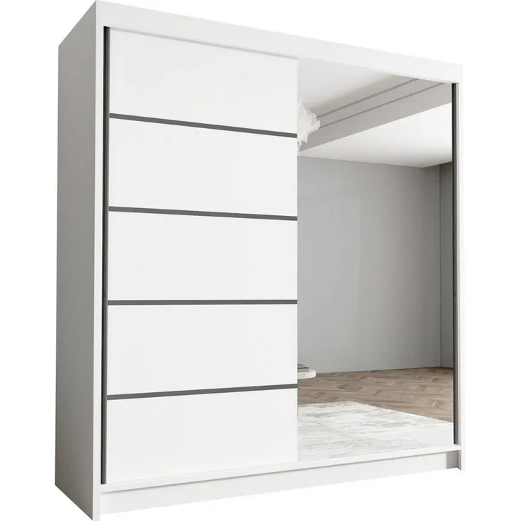 Schwebetürenschrank Harry III 180 cm mit Spiegel - Kleiderschrank, Schiebetürenschrank mit Kleiderstange und Einlegeboden, Schlafzimmerschrank, Schiebetüren - 180x215x58 cm (Weiß)