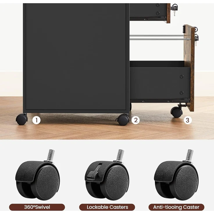 Vasagle Rollcontainer abschließbar mit Schubladen, Holzspan, Stahlgestell, Vintagebraun-Schwarz, 44 x 42 x 69 cm – Bild 8