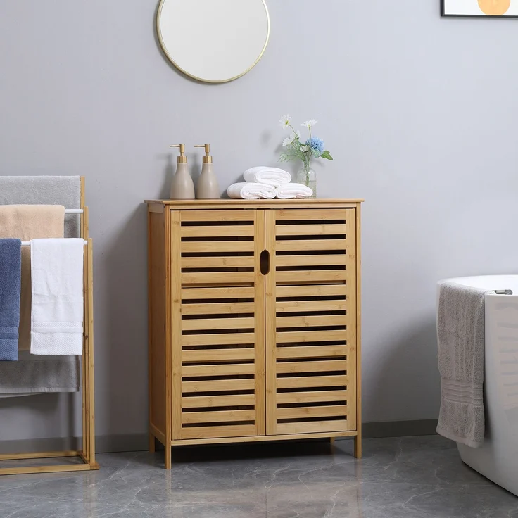 Badezimmerschrank, Bambusschrank mit Lamellendesign für Badezimmer, Flur, kompakte Größe, viel Stauraum, Naturholz--Naturholz--68x32x86cm--YOUDENOVA – Bild 3