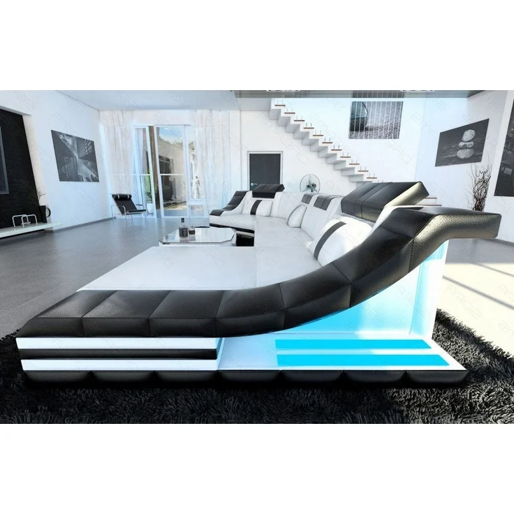Mini Luxus Wohnlandschaft Turino C-Form mit LED - Echtleder - Weiß-Schwarz - Rechts – Bild 2