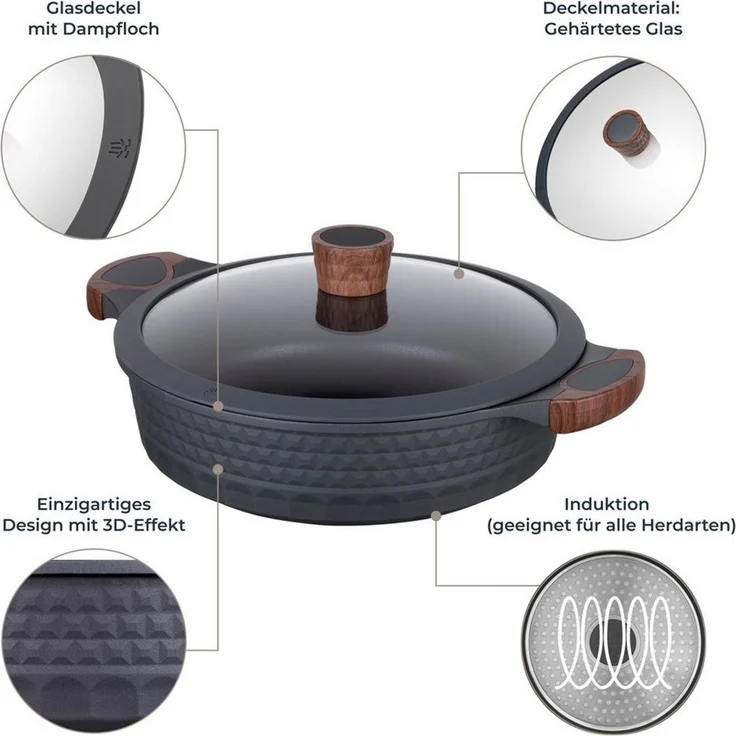 RESTO Kitchenware Kochtopf Capella, Schmortopf antihaftbeschichtet und spülmaschinenfest, Aluminiumguss (2-tlg), mit Glasdeckel und stoßdämpfendem Silikonrand, im Geschenkkarton – Bild 3