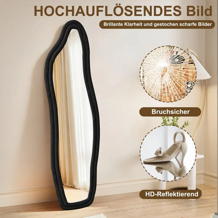 FUROKOY Ganzkörperspiegel Standspiegel mit Kristall-Samt Rahmen und verstarktem Glas, Asymmetrisch Wandspiegel,140x45cm,Schwarzer Rahmen – Bild 2