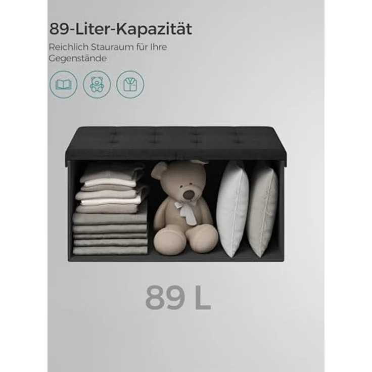 Songmics Sitzbank mit Stauraum, klappbare Sitztruhe, Aufbewahrungsbox, 38 x 76 x 38 cm, Deckel klappbar, bis 300 kg belastbar, für Flur, Wohnzimmer, Schlafzimmer, tintenschwarz LSF046B01 – Bild 5