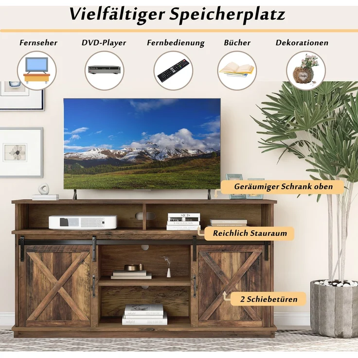 TV-Schrank 148 x 40 x 78 cm für Fernseher bis 65 Zoll, Rustikales Design mit Schiebetüren, 8 Ablagefächern, 2 höhenverstellbaren Regalen – Bild 4
