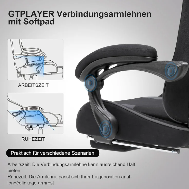 GTPLAYER Bürostuhl Gaming Stuhl Stoff Sessel Ergonomischer Gamer Stuhl mit Fußstütze, Kopfstütze Lendenkissen, Gepolstert Gaming Chair, Drehsessel – Bild 3