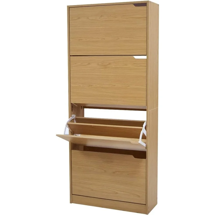 BAKAJI Schuhschrank mit 4 Klappen, Schuhregal, Schuhkipper, Schuhkommode 4 Tiefen Fächern, Verstellbar - Flur, Diele, Wohnzimmer, Schlafzimmer, 63 x 24 x 150 cm, platzsparend, Eingangshaus (Eiche) – Bild 1