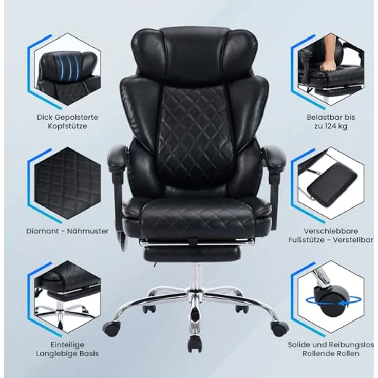COLAMY Bürostuhl Ergonomisch mit Massagefunktion, Ergonomischer Schreibtischstuhl mit Heizfunktion, Chefsessel mit Fußstütze, 360° Drehstuhl, 94-125° Verstellbarer Rückenlehne, für Office, Schwarz – Bild 10
