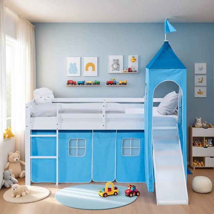 Hochbett Kinder 90x200 cm mit Rutsche Lattenrost Kinderbett Kinderhochbett Stockbett Vorhang Turm Blau – Bild 10