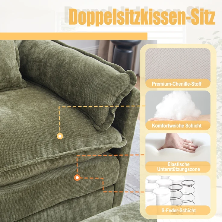 LVHOM Einzelsofa mit Ottomane, Chenille Chaiselongue Sessel mit Seitentasche, Relaxsessel Fernsehsessel Ohrensessel mit Hocker, Olive – Bild 2