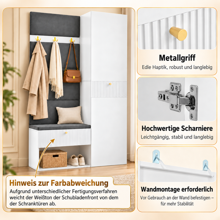 Flieks Garderobe 110 x 38 x 179.5 cm mit gepolsterter Sitzbank, Schuhablage, Garderobenpaneel, Haken und Stauraum, Weiß – Bild 6