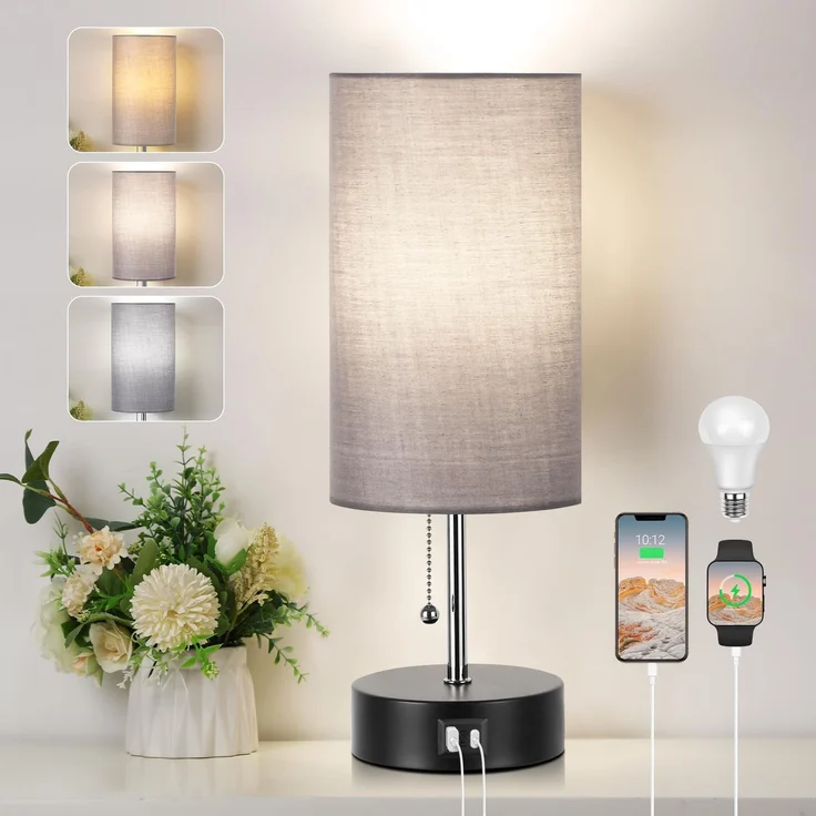 ROTTOGOON Nachttischlampe, Tischlampe mit USB A & C Ladefunktion, Grau