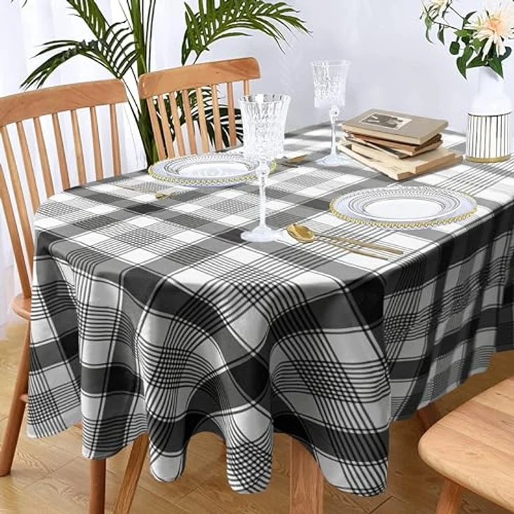 Buffalo Plaid ovale Tischdecke 152,4x213,3 cm, schwarz-weiß, rustikal im Landhausstil. Wasserdicht, Polyester, perfekt für Bauernhaus, Küche, drinnen & draußen, Partys und Picknicks – Bild 4