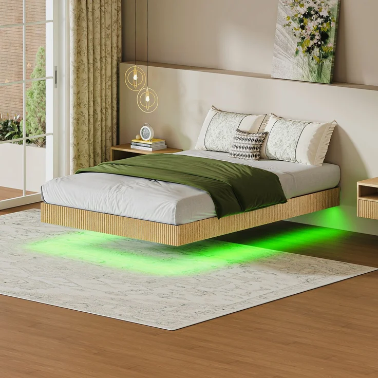 EINHOM Modernes Bett mit Schwebedesign und Nutenverkleidung, ausgestattet mit stimmungsvollen LED-Leuchten und verstärktem Flacheisen-Bettgestell-140 x 200 cm – Hell Eiche (Ohne Matratze) – Bild 1