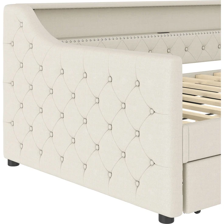 Polsterbett 90×200 cm aus Leinen-Stoff mit LED-Beleuchtung, USB-Anschluss und Ausziehbett, beige – Bild 9