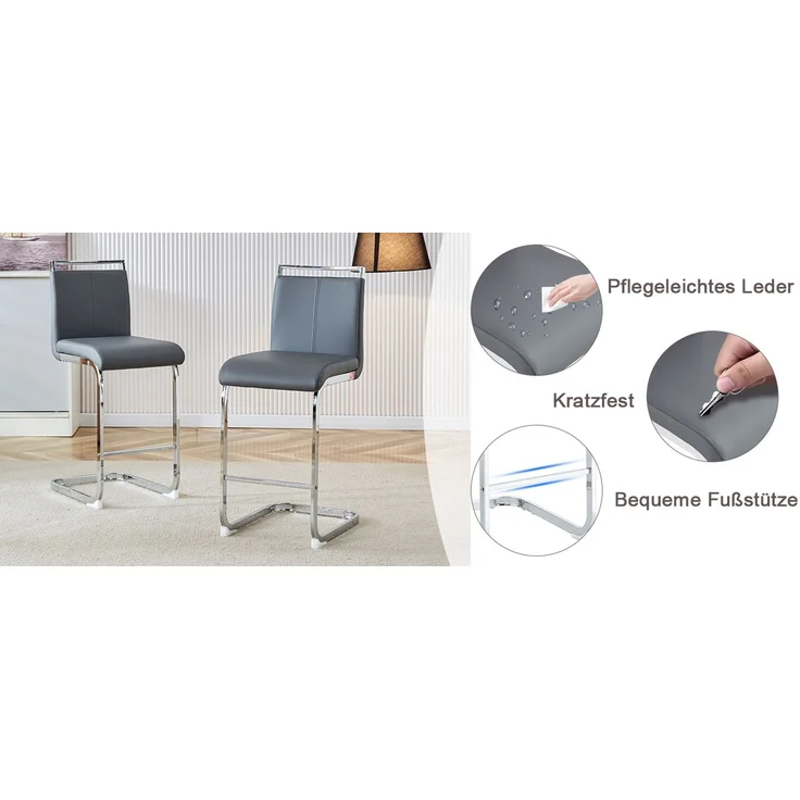 Zwei hochwertige graue Barhocker im nordischen Stil, geeignet für Restaurants, Küchen, Terrassen und Gäste Bürostühle (Set von 2) (Grauen+PU)Geeignet für mehrere Gelegenheiten.--Dunkelgrau--96.5x46.5x38.9cm--YOUDENOVA – Bild 3