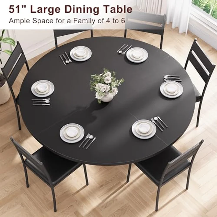 Jocoevol Esstisch Runder für 4-6 Personen, Esszimmertisch mit Ablage, platzsparender Küchentisch aus Holz im Industrial Design (Schwarz, 130x130x76cm) – Bild 5