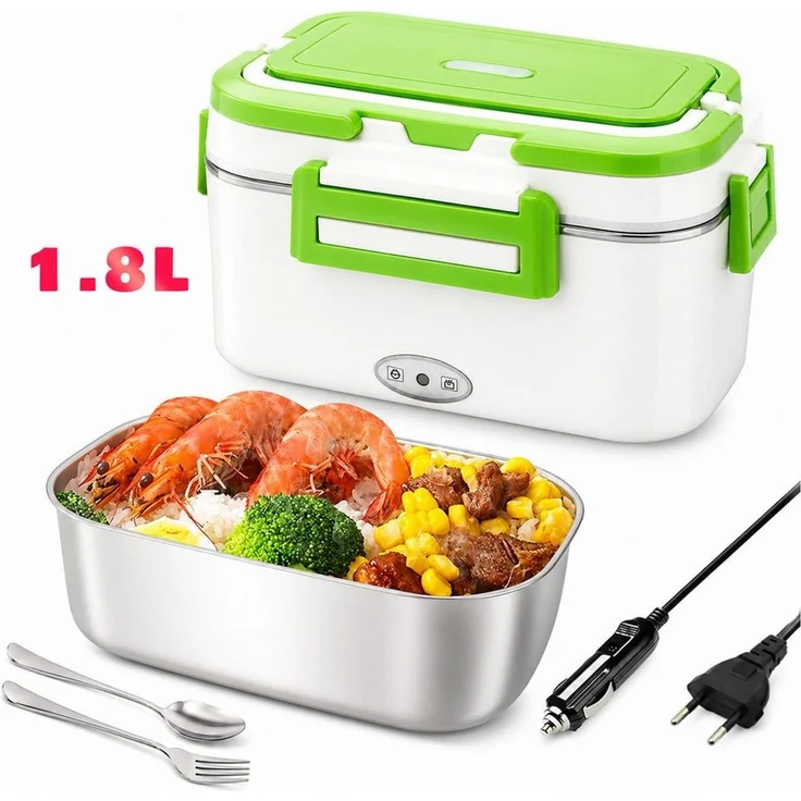 Luckice Elektrische Lunchbox 1,8 L, 80 W, 12 V/24 V/240 V, 304-Edelstahlbehälter,Warmhaltefunktion, (auslaufsicher, Besteckfach, inkl. Löffel, Gabel & 2 Stromkabel, für Auto, LKW, Büro und Zuhause, Tragegriff), tragbare elektrische Dose – Bild 1