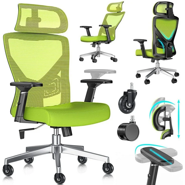 KESSER® Bürostuhl mit verstellbaren Armlehnen | Drehstuhl mit Lendenwirbelstütze Rückenschonend | Schreibtischstuhl ergonomisch mit Kopfstütze | Office Chair Wippfunktion bis 125° mit 5x Gummirollen Grün / Silber – Bild 2