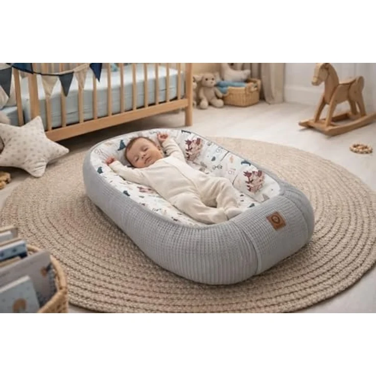Babynestchen Neugeborene – Nestchen Baby aus Waffel Baumwolle & Baumwollstoff – Babynest für Babybett & Kinderbett – Baby Kokon Tragbar – OEKO-TEX – Zubehör für Babybett - Schule der Magie und Grau – Bild 2