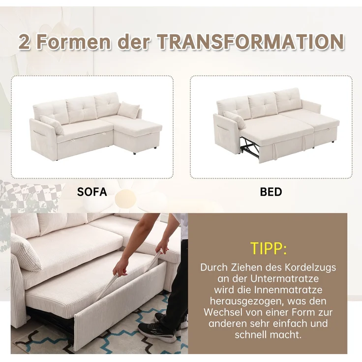 Multifunktionales L-förmiges Schlafsofa mit verstecktem Stauraum, 3 große Kissen, 2 kleine Kissen, seitliche Ablagefächer,Beige – Bild 9
