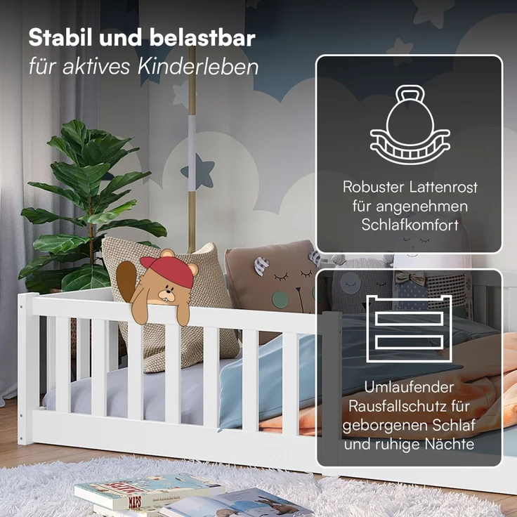 Bellabino 'Vere' Bodenbett 140x200 cm mit Matratze, weiß, Massivholz Kiefer, Montessori Kinderbett mit Rausfallschutz und Lattenrost – Bild 4