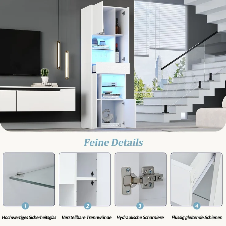 Merax 170cm Verkaufsvitrine, Hochschrank mit 1 Schublade und 4 Schränken, Glasvitrine Vitrinenschränke mit led beleuchtung, Vitrinen Mit Hochglanz-Design, Weiß – Bild 6