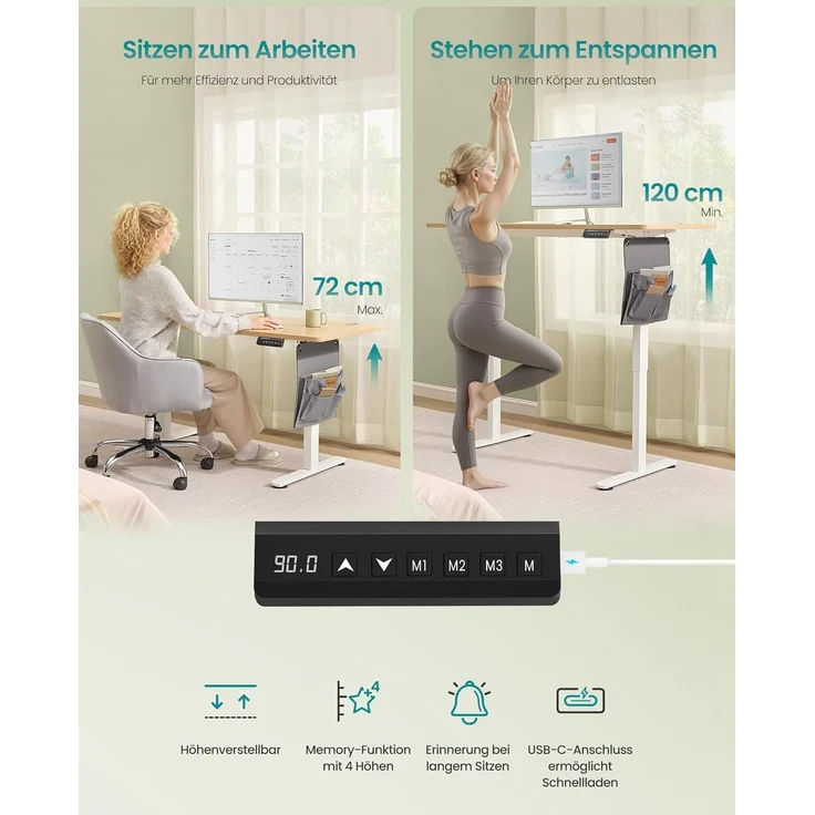 SONGMICS Höhenverstellbarer Schreibtisch elektrisch, 140x60 cm, Memory-Funktion mit 4 Höhen, USB-C-Anschluss, goldeichenfarben LSD134YA01 – Bild 4
